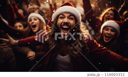 A lively Santa Claus party, guests in Santa hats dancing and enjoying, vibrant and energetic atmosphere 110003352