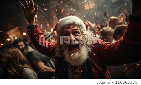 A lively Santa Claus party, guests in Santa hats dancing and enjoying, vibrant and energetic atmosphere 110003355