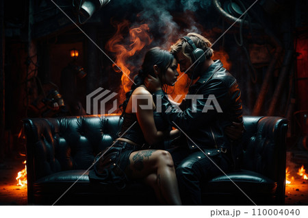 A in love man and a woman, both dressed in black leather, sit on a dark leather sofa in a steampunk club atmosphere. Red lighting and decor elements, enhancing its mysterious and romantic ambiance. 110004040