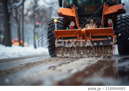 Close-up of a snowplow in action on a city street, capturing the essence of winter maintenance work Close-up of a snowplow in action on a city street, capturing the essence of winter maintenance work 110004065