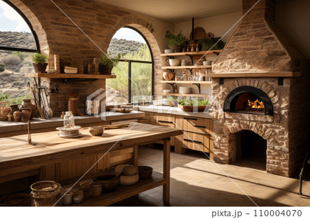 A rustic kitchen with wooden cabinets and a stone wall. The dining table has utensils, and a potted plant. The atmosphere is cozy with a warm ambiance. A rustic kitchen with wooden cabinets and a stone wall. The dining table has utensils, and a potted plant. The atmosphere is cozy with a warm ambiance. 110004070