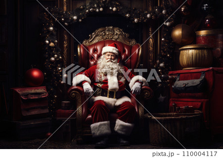 Santa Claus in red suit and white beard sits on red leather throne, surrounded by Christmas ornaments and gifts. Festive atmosphere and holiday theme portrayed, reinforcing Christmas spirit. Santa Claus in red suit and white beard sits on red leather throne, surrounded by Christmas ornaments and gifts. Festive atmosphere and holiday theme portrayed, reinforcing Christmas spirit. 110004117