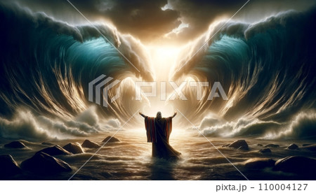 Moses parting the Red Sea, with big waves of water on either side and a path through the middle, emphasizing the miraculous event 110004127