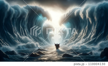 Moses parting the Red Sea, with big waves of water on either side and a path through the middle, emphasizing the miraculous event Moses parting the Red Sea, with big waves of water on either side and a path through the middle, emphasizing the miraculous event 110004130