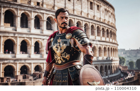 An Roman SPQR gladiator in authentic armor, holding a shield and sword, standing against a backdrop of the Colosseum, majestic and strong pose 110004310