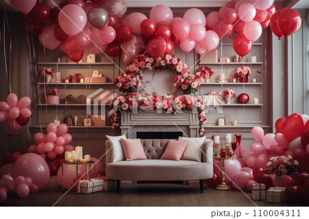 Valentine day themed room decorations, including heart-shaped balloons, garlands, and festive ornaments, inspiring the creation of a romantic ambiance. 110004311