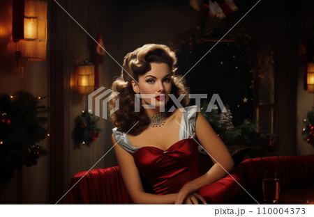 50s style pin up model wearing santa dress and hat. 50s style pin up model wearing santa dress and hat. 110004373