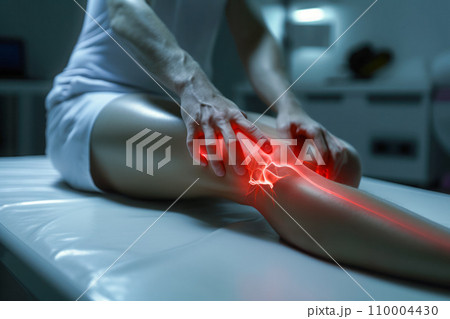 Adult female patient holding her knee while sitting on a couch in a surgeon's office, pain highlighted in red, result of a sports injury and treatment for ligaments and muscle rupture 110004430