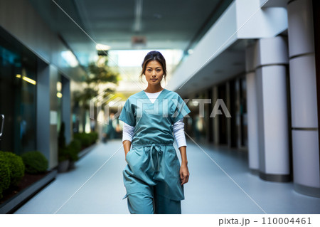 Portrait of a nurse walking along the passage between hospital buildings, design of modern hospitals and clinics Portrait of a nurse walking along the passage between hospital buildings, design of modern hospitals and clinics 110004461