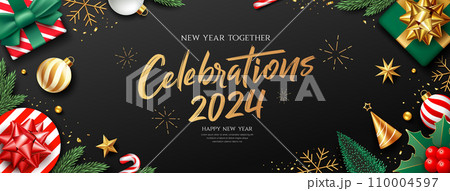 New year together Celebrations 2024 ornaments, banner design on black background New year together Celebrations 2024 ornaments, banner design on black background 110004597