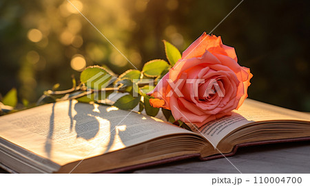 Beautiful pink rose on an open book with - Stock Illustration