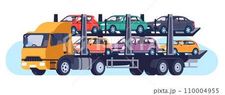 Truck transporting passenger cars. Vehicles hauling carrier. Road traffic. Sedan transporter. Automobiles delivery. Auto dealer logistics. Heavy lorry. Transport shipping. Vector concept 110004955