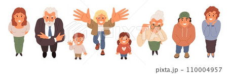 Top view people. Persons looking up. Men and women raised heads. Surprised characters standing at bottom. Girls or guys look at sky. Positive expression. Upset face. Garish vector set 110004957