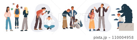 Teenage stress. Depressed teens. Unhappy sad students. Problems with parents and peers. Transitional age. Adolescent bullying. Fears and quarrels. Upset young people. Garish vector set 110004958