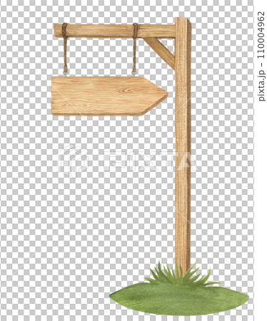 Watercolor illustration of wood sign holder, wooden arrow-shaped plank or direction pointer signpost on grass isolated. Handmade. Watercolor illustration of wood sign holder, wooden arrow-shaped plank or direction pointer signpost on grass isolated. Handmade. 110004962
