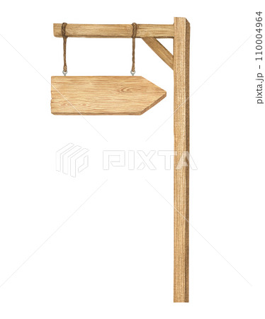 Watercolor illustration of wood sign holder, wooden arrow-shaped plank or direction pointer signpost isolated. Handmade. 110004964