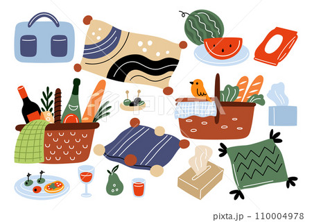 Picnic elements. Wicker basket with food for outdoor dinner. Pillow and blanket. Sweet watermelon. Wine bottle. Fruits and snacks. Olives and cheese. Vector park lunch meal objects set Picnic elements. Wicker basket with food for outdoor dinner. Pillow and blanket. Sweet watermelon. Wine bottle. Fruits and snacks. Olives and cheese. Vector park lunch meal objects set 110004978