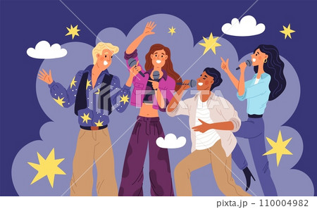 People group in karaoke club. Friends sing song together. Performance by amateur vocalists. Music competition. Nightclub entertainment. Men or women at discotheque. Garish vector concept 110004982