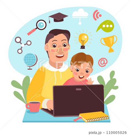 Father helps child to do his homework. Childish online education. Home learning process. Modern remote schooling. Family study together. Dad and son at laptop. Splendid vector concept 110005026