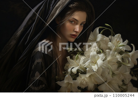 Girl with a bouquet of white lilies 110005244