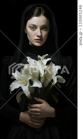 Girl with a bouquet of white lilies 110005246