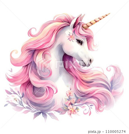 Unicorn with pink mane on white background.のイラスト素材