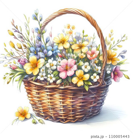 akinko(A4フラワー　イラスト Basket with spring flowers. Watercolorのイラスト素材