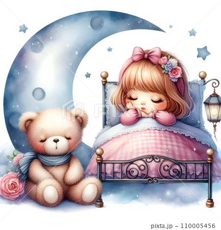 Watercolor Cute teddy bear sleeping on theのイラスト素材
