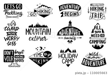 Adventure quote lettering. Black ribbons and badges with travel slogans. Camping and hiking badges or t-shirt prints, neoteric vector set 110005663