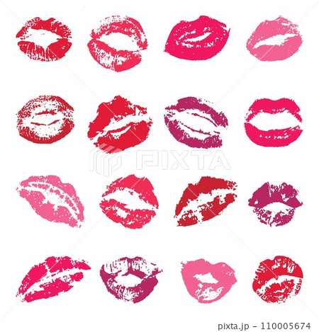 Lipstick kisses. Isolated red female kiss, grunge elements design. Woman lips stamps, romantic love relationships elements, neoteric vector set 110005674