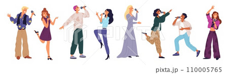 Cartoon people karaoke. Happy singer characters with microphones. Amateur vocalists performing songs. Talented men and women. Musical band. Disco fun. Musicians show. Garish vector set 110005765