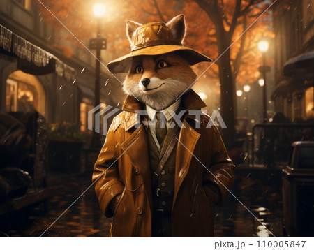 Whimsical illustration of a suave fox dressed in a detective's outfit, complete with a trench coat and fedora, holding a magnifying glass, set in a mysterious urban backdrop 110005847