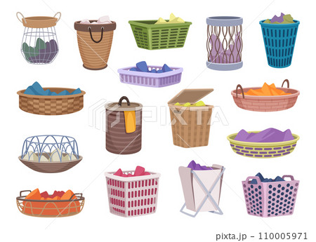 Bin for clothes. Baskets for laundry room dirty clothes exact vector pictures in colored style 110005971