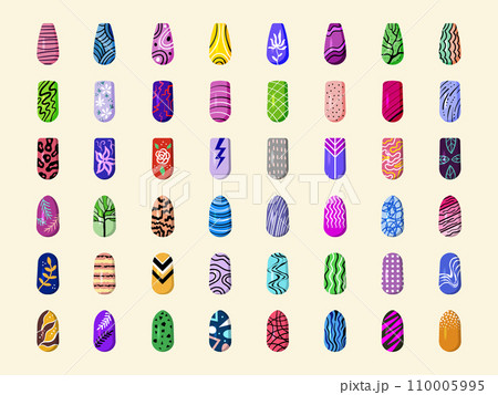 Nails decoration. Painted female nails different decorative pictures templates recent vector prints for interesting manicure Nails decoration. Painted female nails different decorative pictures templates recent vector prints for interesting manicure 110005995
