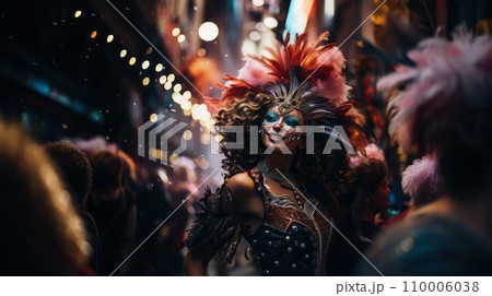 A person wearing a glittering carnival mask, half face visible, capturing the excitement and allure of the carnival, 110006038
