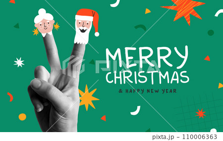 Santa Claus finger puppet for Christmas retro collage illustration 110006363
