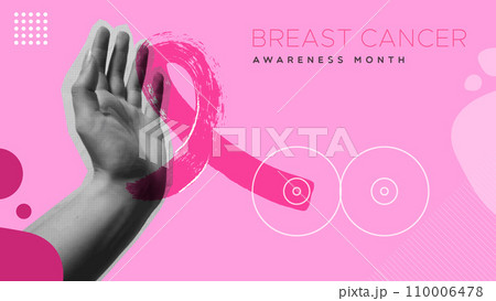 Breast cancer pink ribbon and hand gesture protect in collage illustration design Breast cancer pink ribbon and hand gesture protect in collage illustration design 110006478