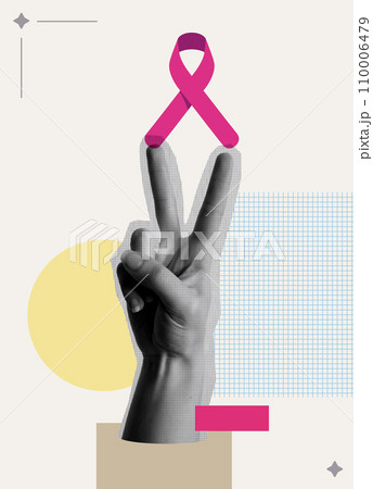 Breast cancer awareness pink ribbon and hand showing victory sign in collage design 110006479