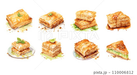 AI-generated content. Sweet baklava watercolor elements. Oriental dessert, greek bulgarian turkish cuisine. Pastry with pistachio and honey syrup, vector collection AI-generated content. Sweet baklava watercolor elements. Oriental dessert, greek bulgarian turkish cuisine. Pastry with pistachio and honey syrup, vector collection 110006812