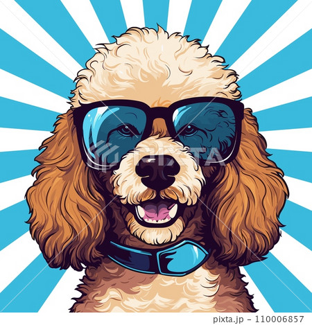 AI-generated content. Fashion poodle portrait. Happy curly dog wear sunglasses, stylish puppy. Abstract animal character poster, funny vector retro background AI-generated content. Fashion poodle portrait. Happy curly dog wear sunglasses, stylish puppy. Abstract animal character poster, funny vector retro background 110006857