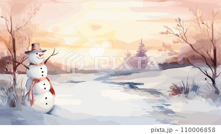AI-generated content. Early spring landscape with melting snowman on snowy meadow. Morning or evening frozen time, good bye winter, vector watercolor style background AI-generated content. Early spring landscape with melting snowman on snowy meadow. Morning or evening frozen time, good bye winter, vector watercolor style background 110006858
