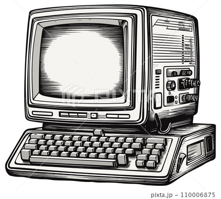 AI-generated content. Retro computer sketch. Computers history object engraving vector illustration, old keyboarded calculating machine electronics vintage style equipment AI-generated content. Retro computer sketch. Computers history object engraving vector illustration, old keyboarded calculating machine electronics vintage style equipment 110006875