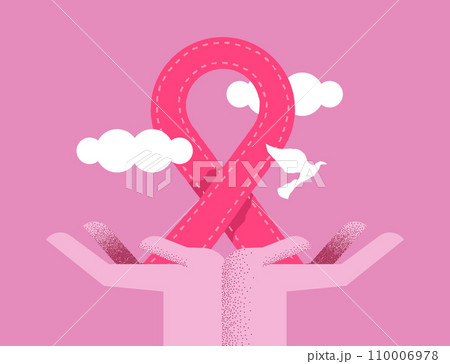 Breast cancer awareness hands and pink ribbon flat card design 110006978