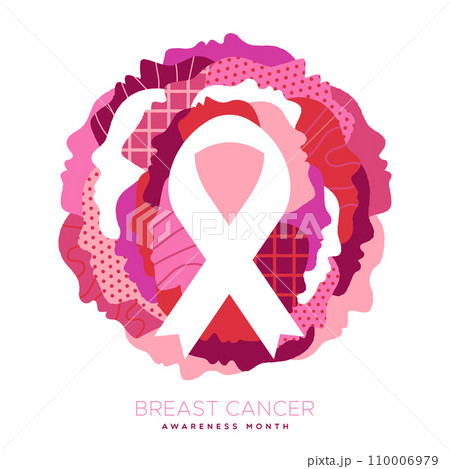 Breast cancer awareness diverse women face together and pink ribbon vector card Breast cancer awareness diverse women face together and pink ribbon vector card 110006979