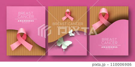 Breast cancer awareness pink ribbon paper cut vector card set 110006986