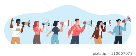 People communicate important and valuable information to each other. Men and women hold loudspeaker. Character shout in megaphone. Promotion symbol. Cartoon flat isolated vector concept 110007075