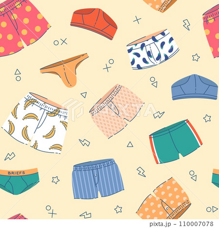 Men underwear seamless pattern. Male panties, different types, boxers, trunks and briefs with ornaments, repeated elements. Decor textile, wrapping paper. Vector background 110007078