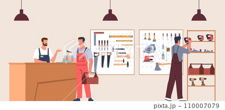 Men buy different tools at tool store. Hardware store. Assortment of hand instruments. Salesman and craftsman. Characters buying construction equipment. Cartoon isolated vector concept Men buy different tools at tool store. Hardware store. Assortment of hand instruments. Salesman and craftsman. Characters buying construction equipment. Cartoon isolated vector concept 110007079