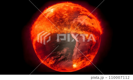 Illustration of the earth world globe on fire or burning increasing the temperature. Climate change, burning earth global warming concept. 110007112