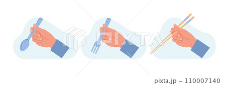 Hands holding chopsticks, spoon, fork. Eating food equipment. European and Asian cutlery. Menu decoration elements. dinner and lunch utensil. Cartoon flat style isolated vector set Hands holding chopsticks, spoon, fork. Eating food equipment. European and Asian cutlery. Menu decoration elements. dinner and lunch utensil. Cartoon flat style isolated vector set 110007140